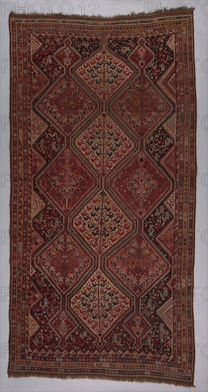 Khamseh Carpet, c. 1890, Southwest Iran, Iran, Wool, plain weave with supplementary wrapping wefts forming cut pile through a technique known as "Turkish (Ghiordes) knots