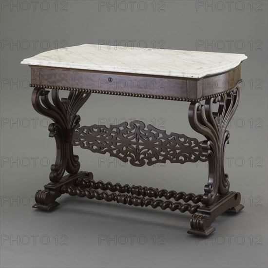 Table, 1836/46, John and Joseph W. Meeks Company, American, active 1836–59, New York, United States, Mahogany, mahogany veneer, and marble, 78.1 × 106.8 × 61 cm (30 3/4 × 42 × 24 in.)