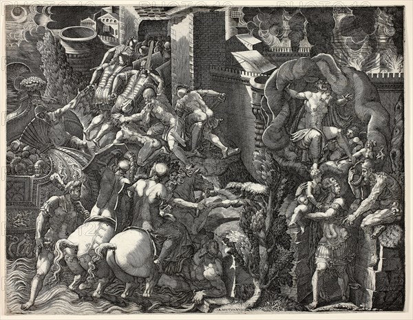 The Fall of Troy and the Escape of Aeneas, 1540/50, Giorgio Ghisi (Italian, 1520-1582), after Giovanni Battista Scultori (Italian, 1503-1575), Italy, Engraving in black on ivory laid paper, 383 x 496 mm (image/plate), 388 x 500 mm (sheet)