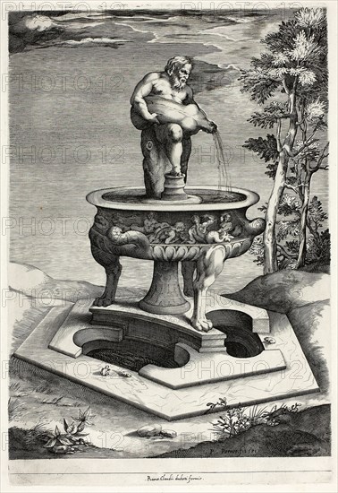 Fountain with Silenus in the Garden of the Cesi Palace near Rome, 1581, Pieter Perret (Flemish, 1555–1639), published by Claudio Duchetti, Flanders, Engraving in black on ivory laid paper, 332 × 239 mm (image), 351 × 239 mm (plate), 541 × 425 mm (sheet)