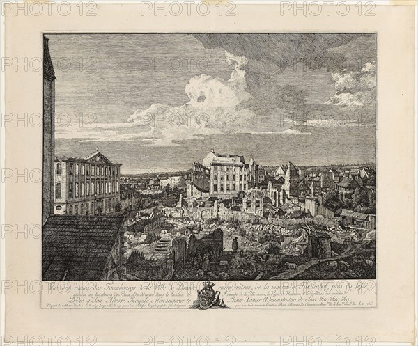 The Ruins of the Pirnaischer Suburb with the Palais Fürstenhof, 1766, Bernardo Bellotto, Italian, 1721-1780, Italy, Etching with engraving in black on ivory laid paper, 468 x 630 mm (image), 527 x 637 mm (image plate mark), 542 x 647 mm (text plate mark), 640 x 772 mm (sheet)
