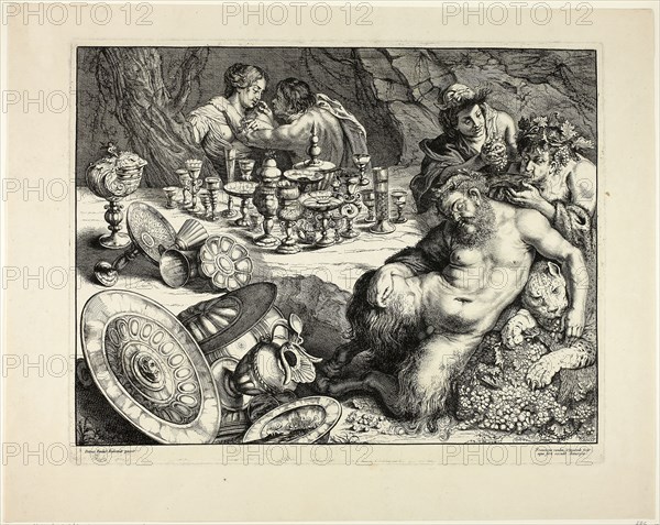 Bacchus and Drunken Silenus—The Dream of Silenus, 1635/40, Frans van den Wyngaerde (Flemish, 1614-1679), after Peter Paul Rubens (Flemish, 1577-1640), Flanders, Etching and engraving in black on cream laid paper, 326 × 429 mm (image), 346 × 440 mm (plate), 422 × 532 mm (sheet)