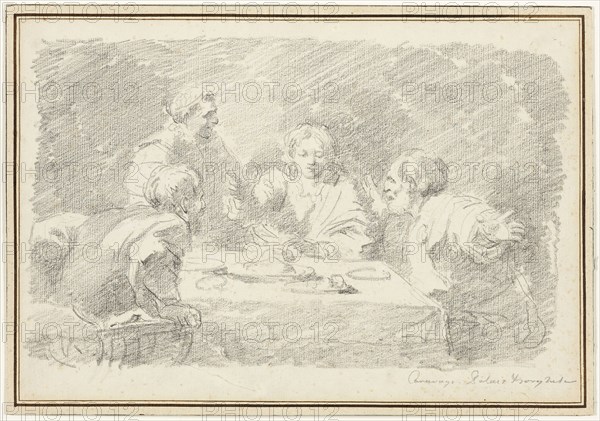 The Supper at Emmaus, 1760/61, Jean Honoré Fragonard (French, 1732-1806), after Michelangelo Merisi da Caravaggio (Italian, 1571–1610), France, Black chalk on ivory laid paper, laid down on off-white laid paper, 183 × 268 mm (primary support), 196 × 280 mm (secondary support)