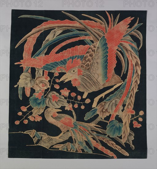 Futon Cover (Futonji), Meiji period (1868–1912), 19th century, Japan, Cotton, plain weave, hand-painted, resist dyed (tsutsugaki), four loom widths joined, 141.6 x 131.1 cm (55 3/4  x 51 5/8 in.)