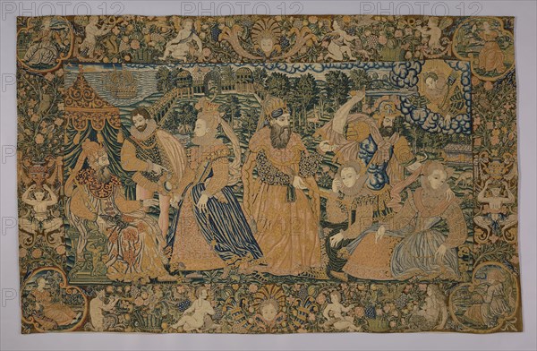 Hanging (Depicting the Story of Esther and King Ahasuerus) (Needlework), 1575/1600, France or England, France, Linen, plain weave, embroidered with silk and wool in tent and cross stitch, 185.4 × 297.18 cm (73 × 117 in.)