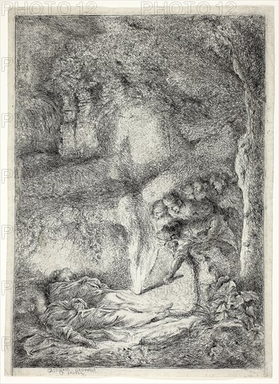 The Bodies of Saints Peter and Paul Hidden in the Catacombs, 1647/51, Giovanni Benedetto Castiglione, Italian, 1609-1664, Italy, Etching and drypoint in black on ivory laid paper, 288 x 205 mm (image), 289 x 206 mm (plate), 300 x 208 mm (sheet)