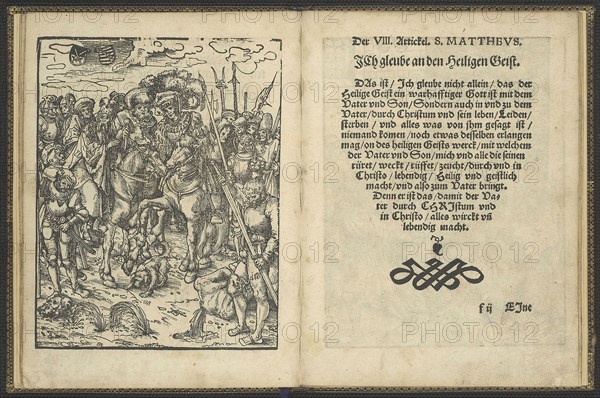 The Apostles’ Creed (Das Symbolum der Heiligen Aposteln), 1548, Lucas Cranach the Elder, German, 1472-1553, Germany, Book with fifteen woodcuts with letterpress in black on cream laid paper, in eighteenth-century full brown sheepskin, sewn on raised bands, with gold tooled decoration on inner-edges of boards, blind lines and gold titling on the spine, hand-sewn silk headbands, marbled endsheets, and a purple silk page marker, 204 x 154 x 8 mm (book), 199 x 145 mm (folio)