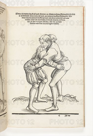 The Art of Wrestling: Eighty-Five Pieces (Ringer Kunst: Fünff und Achtzig Stücke), 1539, Lucas Cranach the Younger (German, 1515-1586), written by Fabian von Auerswald (German, born 1462), printed by Hans Lufft (German, 1495-1584), Germany, Book with woodcuts and letterpress in black on cream laid paper, 301 × 195 × 16 mm