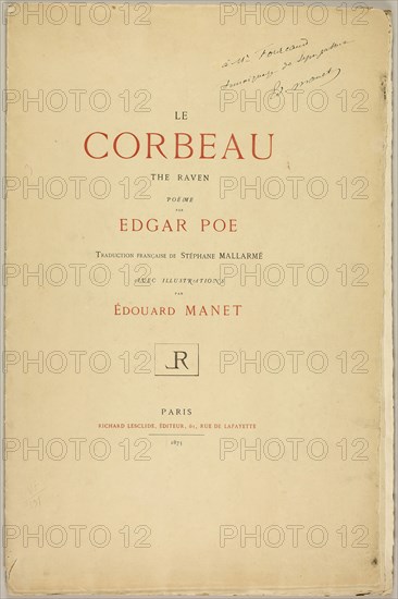 Title Page and Text, from The Raven (Le Corbeau), 1875, Édouard Manet (French, 1832-1883), written by Edgar Allan Poe (American, 1809-1849), translated and produced by Stéphane Mallarmé (French, 1842-1898), printed by Lefman et Cie. (French, 19th century), text printed by Alcan-Lévy (French, 19th century), published by Richard Lesclide (French, 1825-1892), France, Unbound book, three folded sheets, with letterpress in red and black on cream laid paper, 547 × 363 × 5 mm (book, folded), 547 × 705 (book, unfolded), The Paradise Lost of Milton, Vol. I, 1825–27, John Martin (English, 1789-1854), written by John Milton (English, 1608-1674), published by Septimus Prowett (English, 19th century), printed by Thomas White (English, 19th century), England, Book with fifteen mezzotints in black on ivory laid paper, 378 × 283 × 40 mm