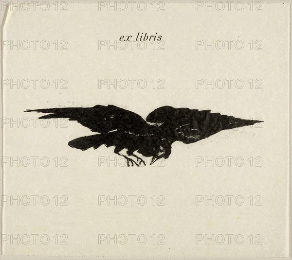 Flying Raven: ex libris, from The Raven (Le Corbeau), 1875, Édouard Manet (French, 1832-1883), written by Edgar Allan Poe (American, 1809-1849), translated and produced by Stéphane Mallarmé (French, 1842-1898), printed by Lefman et Cie. (French, 19th century), published by Richard Lesclide (French, 1825-1892), France, Transfer lithograph in black on ivory parchment paper, 63 × 240 mm (image), 254 × 287 mm (sheet)