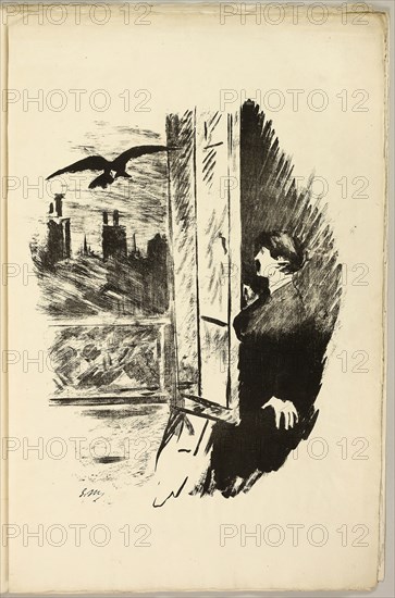 At the window (Open here I flung the shutter…), from The Raven (Le Corbeau), 1875, Édouard Manet (French, 1832-1883), written by Edgar Allan Poe (American, 1809-1849), translated and produced by Stéphane Mallarmé (French, 1842-1898), printed by Lefman et Cie. (French, 19th century), published by Richard Lesclide (French, 1825-1892), France, Transfer lithograph in black on cream laid paper, 387 × 315 mm (image), 541 × 352 (sheet)