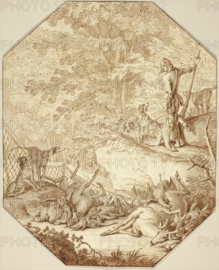 The Industrious Hunter, in Spring, n.d., Johann Elias Ridinger, German, 1698-1767, Germany, Pen and brown ink, with brush and brown and gray wash, over graphite, on laid ivory paper, 310 × 250 mm