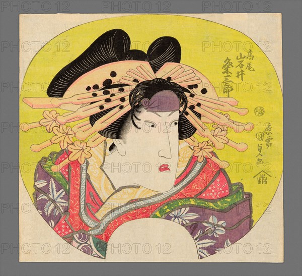 Iwai Kumesaburo II as the Courtesan Takao in Banzei Okuni Kabuki, c. 1827, Utagawa Kunisada I, Japanese, 1786-1865, Japan, Color woodblock print, uchiwa-e, 24.2 x 25.5 cm (9 9/16 x 10 1/8 in.)