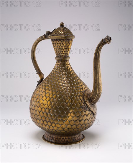 Ewer with Engraved Fish Scale Pattern, Inscribed in Persian with the name Khairullah, Early 18th century, India, Deccan, India, Brass repoussé, 32 cm (12 5/8 in.)