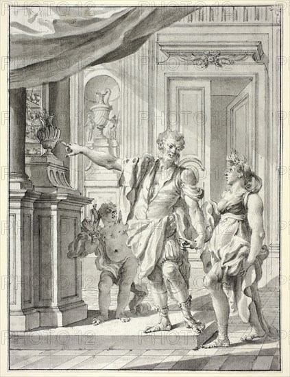 A Man Leading a Woman into a Gallery of Antiquities and Decorative Arts, n.d., Giacomo Cestaro, Italian, active in Naples, 1718-1778, Italy, Pen and gray ink and brush and gray wash, over graphite, on off-white laid paper, 281 x 210 mm