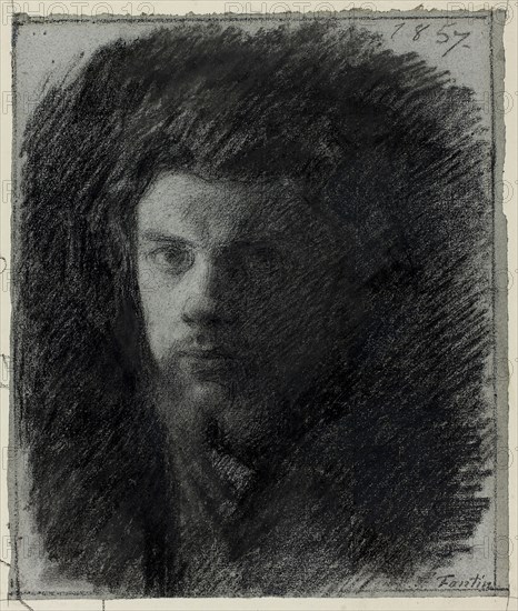 Self-Portrait, 1857, Henri Fantin-Latour, French, 1836-1904, France, Black chalk, with charcoal and stumping, on blue laid paper, laid down on cream laid paper, perimeter mounted to gray board, 365 × 312 mm (primary support), 455 × 430 mm (secondary support), 503 × 430 mm (tertiary support)