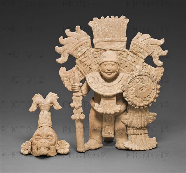 Standing Warrior Figure with Removable Mask and Headdress, A.D. 700/1000, Classic period Veracruz, Veracruz, Mexico, Veracruz state, Ceramic and pigment, 31.4 x 25.7 x 11.3 cm (12 3/8 x 10 1/8 x 4 1/2 in.) [with headdress, h. 29.9 cm (11 3/4 in.) without headdress]