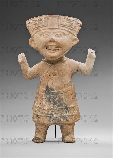 Standing, Smiling Figure with Hands Raised, A.D. 600/900, Remojadas, Veracruz, south-central Gulf Coast, Mexico, Veracruz state, Ceramic and pigment, 40 x 25.4 x 10.8 cm (15 3/4 x 10 x 4 1/4 in.)