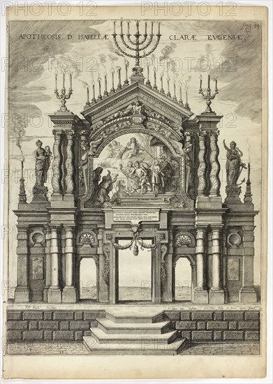 Stage in Memory of Isabella Clara Eugenia, plate 24 from Casperius Gevartius, Pompa Introitus Honori Serenissimi Principis Ferdinandi (Triumphal Entry of the Most Serene and Honorable Cardinal-Infante Ferdinand), 1642, Theodoor van Thulden (Flemish, c. 1606-1669), after Peter Paul Rubens (Flemish, 1577-1640), Flanders, Engraving, with etching and plate tone, in black on cream laid paper, 502 × 385 mm (plate), 555 × 394 mm (sheet)