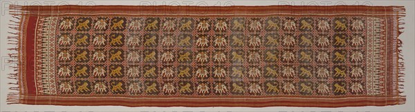 Ceremonial Cloth with Pattern of Elephants and Tigers, 19th century, India, Gujarat, India, Silk, plain weave, warp and weft resist dyed (double ikat) and stripes of plain weave,  bands of plain weave with main warp fringe, both selvages present, 101.6 x 391.2 cm (40 x 154 in.)