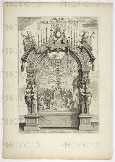 Genealogical Tree of the Austrian Royal Family, plate 32 from Casperius Gevartius, Pompa Introitus Honori Serenissimi Principis Ferdinandi (Triumphal Entry of the Most Serene and Honorable Cardinal-Infante Ferdinand), 1642, Theodoor van Thulden, Flemish, c. 1606-1669, Flanders, Engraving, with etching and plate tone, in black on cream laid paper, 415 × 287 mm (plate), 557 × 388 mm (sheet)
