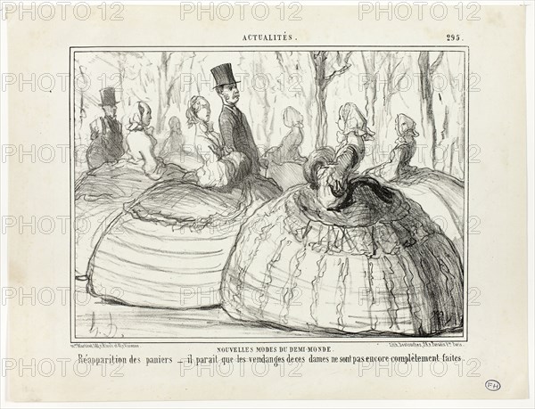 New Fashion of the Half-World. Reappearance of the baskets – it seems that these ladies are not yet quite done with their harvest, plate 295 from Actualités, published December 4, 1856, Honoré-Victorin Daumier, French, 1808-1879, France, Lithograph in black on ivory wove paper, 228 × 272 mm (image), 270 × 354 mm (sheet)