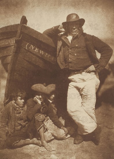 James Linton and Three Boys, Newhaven, 1843/47, printed c. 1916, David Octavius Hill (Scottish, 1802–1870) and, Robert Adamson (Scottish, 1821–1848), Scottish, Carbon print, 20.1 x 14.3 cm (image/paper), 38.5 x 26.6 cm (mount)