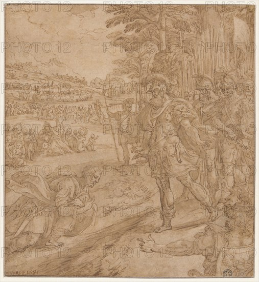 The Reconciliation of Jacob and Esau, 1581, Maerten de Vos, Flemish, 1532–1603, Flanders, Pen and brown ink and brush and brown wash on cream laid paper, incised with a stylus for transfer, 212 × 195 mm