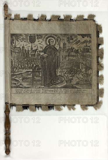 Religious Banner with Scenes of Saint Winnock, 1717, Unknown Artist, Flemish, 18th century, Flanders, Engraving with etching in black printed on each of two panels joined (double-sided), silk, plain weave, edged with band of silk, plain weave with extended weft fringe, 266 × 276 mm (fabric), 413 × 276 mm (including wooden handle)