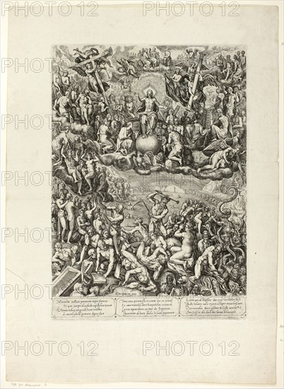 The Last Judgment, 1599, Barbara van den Broeck (Flemish, born c. 1558/60), after Crispin van den Broeck (Flemish, 1524–c. 1590), published by Hendrik Hondius (Dutch, 1573–1650), Flanders, Engraving in black on ivory laid paper, 408 × 290 mm (image/plate), 562 × 404 mm (sheet)