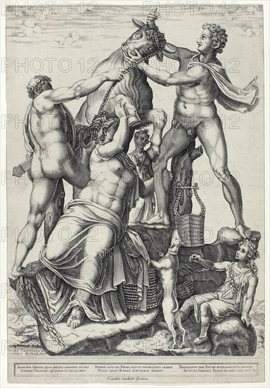 The Farnese Bull with Dirce, Zethus and Amphion, 1581, Diana Scultori, Italian, c. 1536–c. 1590, Italy, Engraving in black on ivory laid paper, 369 x 272 mm (image), 398 x 272 (sheet, timed within plate mark)