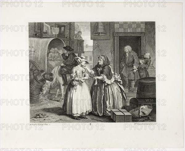 Plate one, from A Harlot’s Progress, 1732, William Hogarth, English, 1697-1764, England, Engraving in black on ivory laid paper, 300 × 375 mm (image), 320 × 392 mm (plate), 434 × 537 mm (sheet)