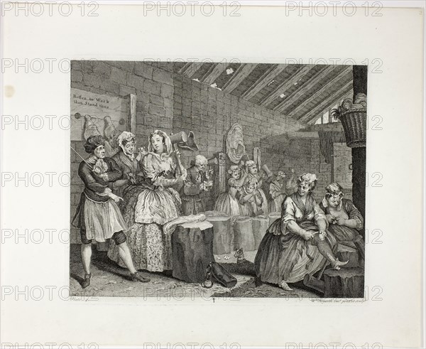 Plate four, from A Harlot’s Progress, 1732, William Hogarth, English, 1697-1764, England, Engraving in black on ivory laid paper, 302 × 379 mm (image), 315 × 388 mm (plate), 436 × 536 mm (sheet)
