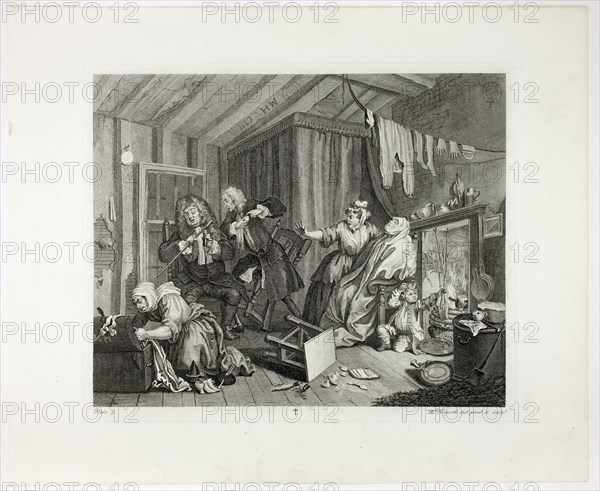 Plate five, from A Harlot’s Progress, 1732, William Hogarth, English, 1697-1764, England, Engraving in black on ivory laid paper, 303 × 375 mm (image), 324 × 392 mm (plate), 434 × 527 mm (sheet)