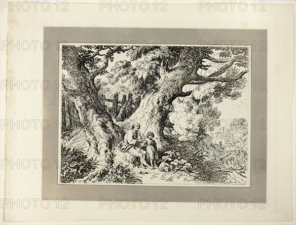 Old Trees with Old Man, a Girl, and a Dog, from the first issue of Specimens of Polyautography, 1802, published 1803, Richard Corbould (English, 1757–1831), published by Philipp André (German, active London, 1800–1805) and James Heath (English, 1757–1834), United Kingdom, Lithograph in black on cream wove paper, tipped onto mount with aquatint border in gray on cream wove paper, 235 x 230 mm (image/primary support), 373 x 492 mm (secondary support)