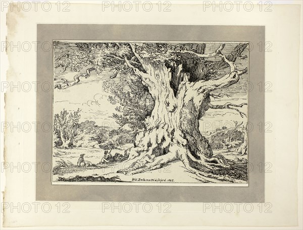 Resting, Men and Dogs Under a Big Tree, from the first issue of Specimens of Polyautography, 1802, published 1803, William Delamotte (English, 1775–1863), published by Philipp André (German, active London, 1800–1805) and James Heath (English, 1757–1834), United Kingdom, Lithograph in black on cream wove paper, tipped onto mount with aquatint border in gray on cream wove paper, 235 x 326 mm (image/primary support), 375 x 490 mm (secondary support)