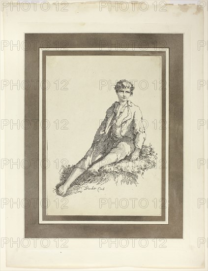 Young Boy Seated, from the first issue of Specimens of Polyautography, 1803, Thomas Barker (English, 1769–1847), published by Philipp André (German, active London, 1800–1805) and James Heath (English, 1757–1834), United Kingdom, Lithograph in black on cream wove paper, tipped onto mount with aquatint border in brown on cream wove paper, 295 x 212 mm (image/primary support), 490 x 375 mm (secondary support)