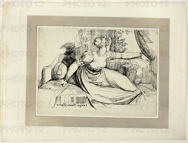 A Woman Sitting by the Window (Evening Thou Bringest All), from the first issue of Specimens of Polyautography, 1802, published 1803, Henry Fuseli (Swiss, active in England, 1741-1825), published by Philipp André (German, active London, 1800–1805), and James Heath (British, 1757–1834), United Kingdom, Lithograph in black on cream wove paper, tipped onto mount with aquatint border in gray on cream wove paper, 232 x 318 mm (image/primary support), 372 x 490 mm (secondary support)