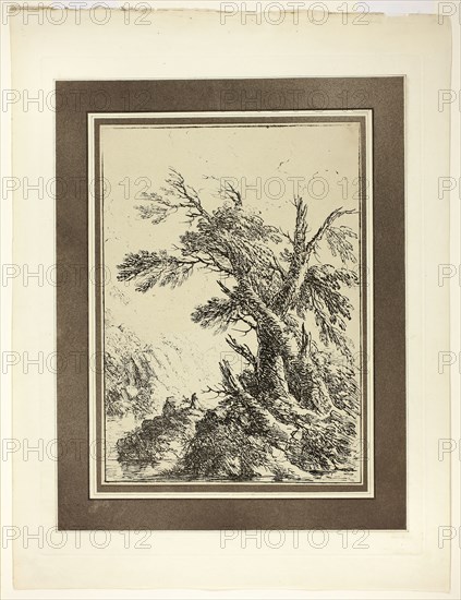 Landscape with Old Trees by Water, from the first issue of Specimens of Polyautography, 1803, Henry Richard Greville, 3rd Earl of Warwick and Brooke (English, 1779–1853), published by Philipp André (German, active London, 1800–1805) and James Heath (English, 1757–1834), United Kingdom, Lithograph in black on cream wove paper, tipped onto mount with aquatint border in brown on cream wove paper, 307 x 222 mm (image/primary support), 490 x 375 mm (secondary support)