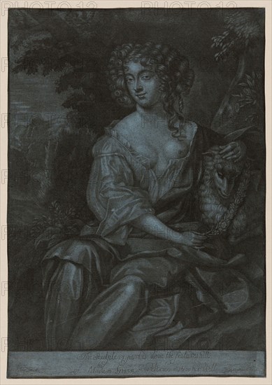 Portrait of Nell Gwyn as a Shedherdess Garlanding a Lamb, c. 1678, Herman Hendrik Quiter (German, 1628-1708), after Peter Lely (Dutch, active in England, 1618–1680), Germany, Mezzotint in black on blue laid paper, 345 × 244 mm (image/sheet, trimmed within plate mark)