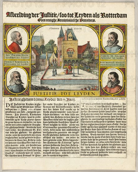 Execution of Arminians in Leiden, 1623, Claes Jansz. Visscher, Dutch, 1587–1652, Netherlands, Hand-colored etching with engraving and letterpress in black on cream laid paper, 136 x 230 mm (image), 311 x 250 mm (sheet, trimmed within plate mark)