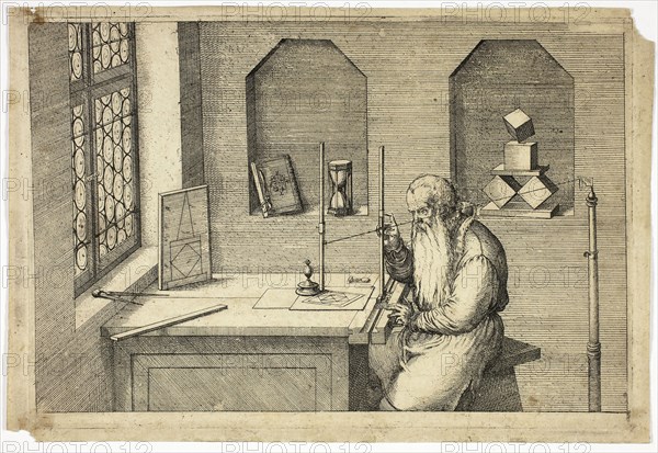 Portrait of Wenzel Jamnitzer in his Study, 1572/75, Jost Amman, Swiss, 1539-1591, Switzerland, Engraving in black ink on cream laid paper, 167 x 253 mm (image), 175 x 258 mm (plate), 187 x 275 mm (sheet)