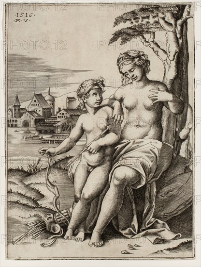 Venus Wounded by Cupid’s Dart, 1516, Agostino Veneziano (Italian, active 1514–1536), after Raffaello Sanzio, called Raphael (Italian, 1483-1520), Italy, Engraving in black on cream laid paper, 181 x 134 mm (image/sheet, trimmed within plate mark)