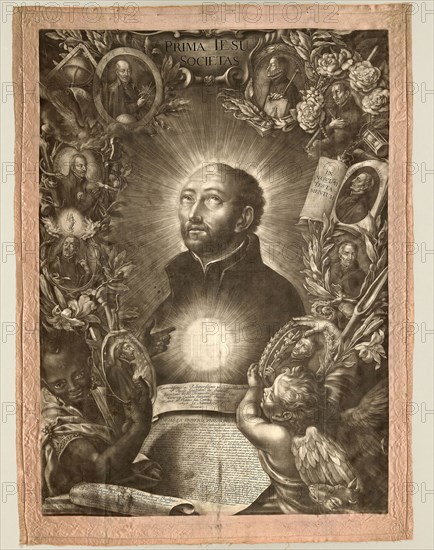 Thesis-Sheet showing Saint Ignatius of Loyola, November 15, 1696, Christoph Elias Heiss (German, 1660-1731), after Johann Andreas Wolf (German, 1652-1715), Germany, Mezzotint, with burnishing and engraving, in black on pale pink satin, 970 × 697 mm (image/plate), 1,075 × 797 mm (silk)