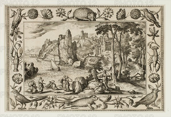 Pharaoh’s Daughter Finding Moses, from Landscapes with Old and New Testament Scenes and Hunting Scenes, 1584, Adriaen Collaert (Flemish, c. 1560–1618), after Hans Bol (Flemish, 1535–1593), published by Anna van Hoeswinckel (Flemish), Flanders, Engraving in black on cream laid paper, laid down on cream laid paper, 143 × 200 mm (image/primary support, trimmed within plate mark), 176 × 238 mm (secondary support)