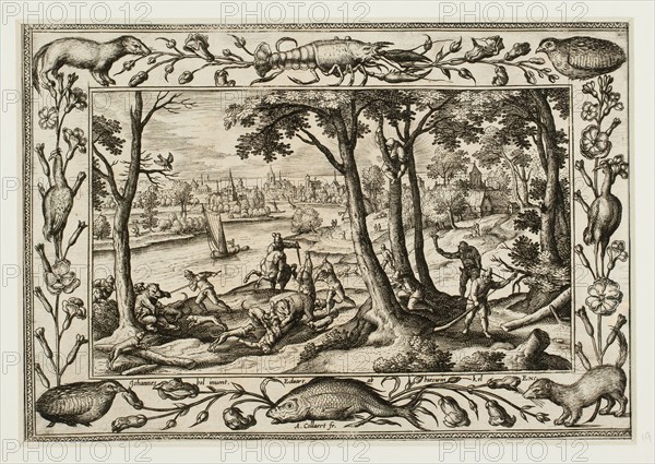 Bear Hunt, from Landscapes with Old and New Testament Scenes and Hunting Scenes, 1584, Adriaen Collaert (Flemish, c. 1560–1618), after Hans Bol (Flemish, 1535–1593), published by Anna van Hoeswinckel (Flemish), Flanders, Engraving in black on cream laid paper, laid down on cream laid paper, 143 × 200 mm (image/primary support, trimmed within plate mark), 176 × 238 mm (secondary support)