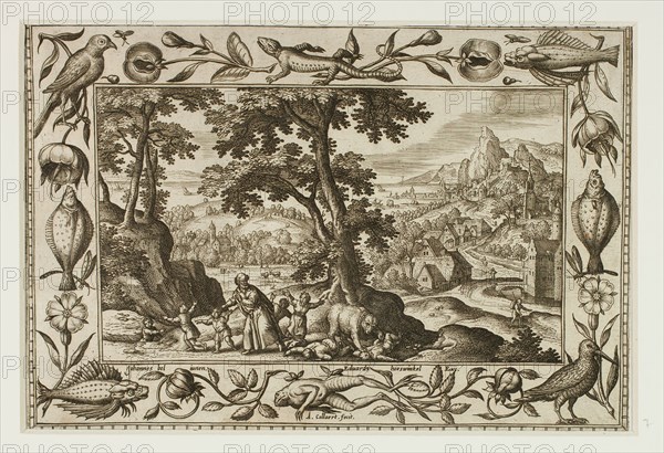 The Mocking Children Cursed by Elijah and Eaten by the She-Bear, from Landscapes with Old and New Testament Scenes and Hunting Scenes, 1584, Adriaen Collaert (Flemish, c. 1560–1618), after Hans Bol (Flemish, 1535–1593), published by Anna van Hoeswinckel (Flemish), Flanders, Engraving in black on cream laid paper, laid down on cream laid paper, 143 × 200 mm (image/primary support, trimmed within plate mark), 176 × 238 mm (secondary support)