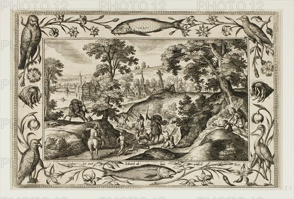 Deer Hunt, from Landscapes with Old and New Testament Scenes and Hunting Scenes, 1584, Adriaen Collaert (Flemish, c. 1560–1618), after Hans Bol (Flemish, 1535–1593), published by Anna van Hoeswinckel (Flemish), Flanders, Engraving in black on cream laid paper, laid down on cream laid paper, 143 × 200 mm (image/primary support, trimmed within plate mark), 176 × 238 mm (secondary support)