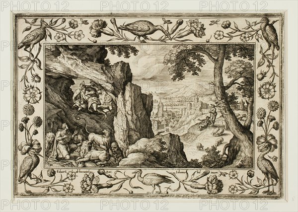 Daniel in the Lion’s Den, from Landscapes with Old and New Testament Scenes and Hunting Scenes, 1584, Adriaen Collaert (Flemish, c. 1560–1618), after Hans Bol (Flemish, 1535–1593), published by Anna van Hoeswinckel (Flemish), Flanders, Engraving in black on cream laid paper, laid down on cream laid paper, 143 × 200 mm (image/primary support, trimmed within plate mark), 176 × 238 mm (secondary support)