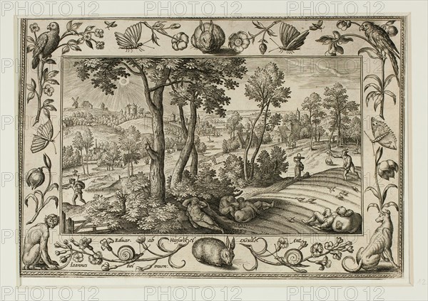The Enemy Sowing Tares Among the Wheat, from Landscapes with Old and New Testament Scenes and Hunting Scenes, 1584, Adriaen Collaert (Flemish, c. 1560–1618), after Hans Bol (Flemish, 1535–1593), published by Anna van Hoeswinckel (Flemish), Flanders, Engraving in black on cream laid paper, laid down on cream laid paper, 143 × 200 mm (image/primary support, trimmed within plate mark), 176 × 238 mm (secondary support)